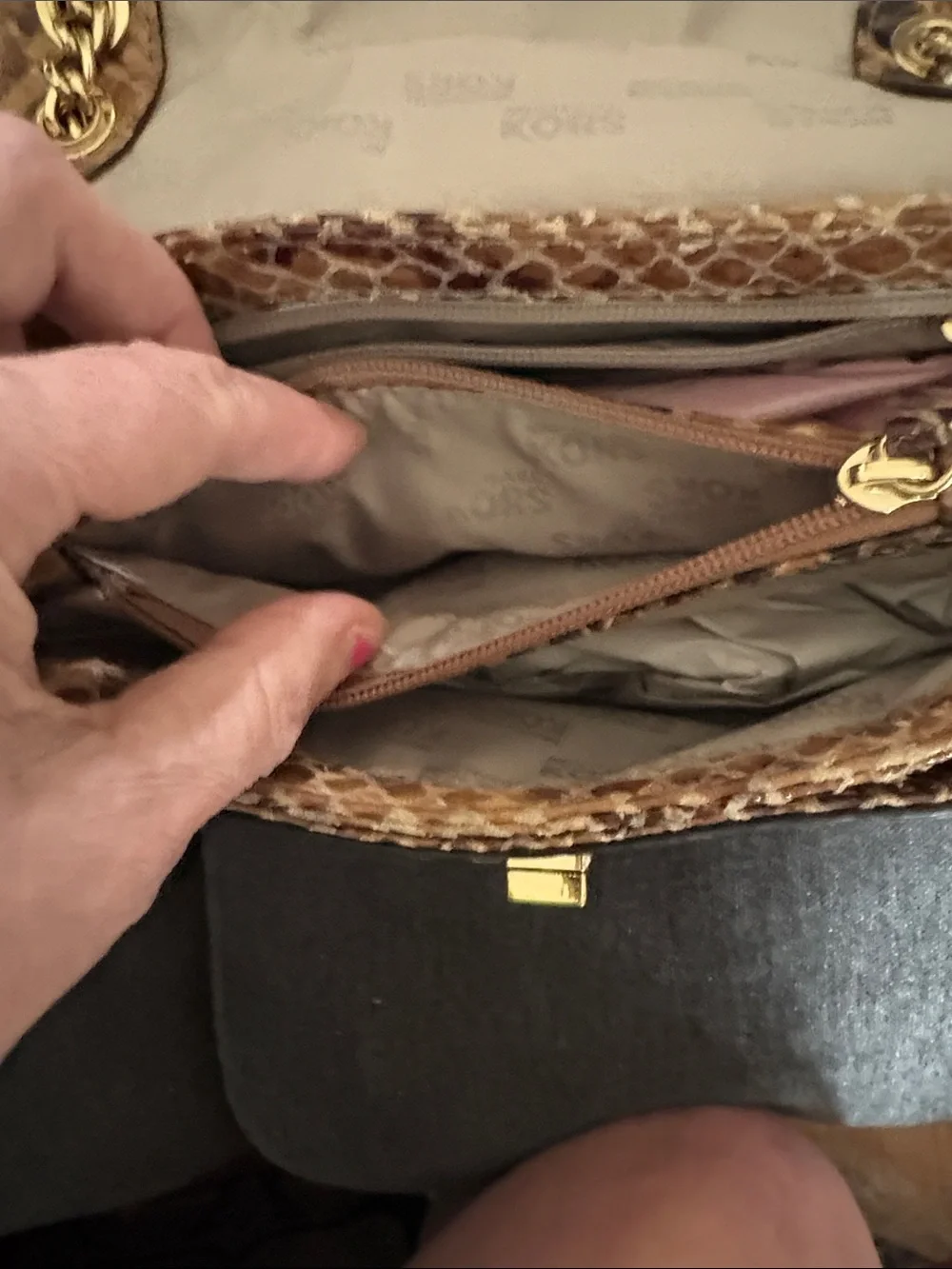 Michael Kors Tan Brown Snake-Print Chain Shoulder Bag